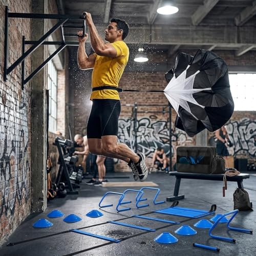 Soccer Agility Training Equipment Set with 20ft Speed Ladder, 12 Cones, 4 Agility Hurdles, Jump Rope & Resistance Parachute, Speed & Footwork Training Kit for Kids, Youth & Adults