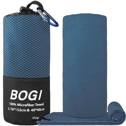 BOGI Microfiber Travel Sports Towel-Quick Dry, Soft Lightweight, Absorbent, Compact for Camping, Gym, Yoga, Swimming, Backpacking (L:60''x30''+16''x16''-Nblue)