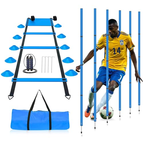 Soccer Agility Training Equipment, Includes 20ft Agility Ladder, 6 Adjustable Agility Poles, 10 Disc Cones, Jump Rope-Speed Training Set for Soccer Football Basketball Athletes - color: Blue