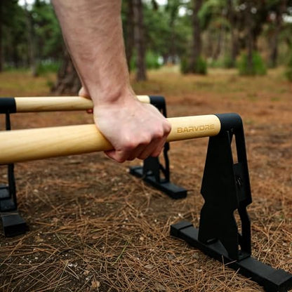 BARVORE® Wooden Parallettes, low or medium gymnastics bars, handstand bars with wooden handle, parallette bars for calisthenics, push up bar, bodyweight training