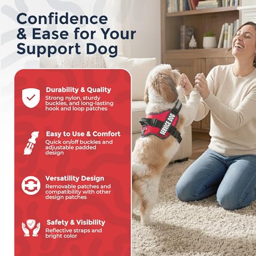 Service Dog Vest Harness - Durable & Adjustable Vest for Dog with Reflective Straps, Removable Patches, 50 ADA Cards, Handle & D-Ring, Travel and Daily Use,Bright Red, Small 19.5"-25"