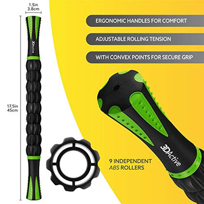 3DActive Massage Roller Stick for Muscle Recovery, Deep Tissue & Trigger Point Massage Muscleroller for Athletes for Post-Workout Recovery, Relieve Cramps & Release Muscle Tension - Green