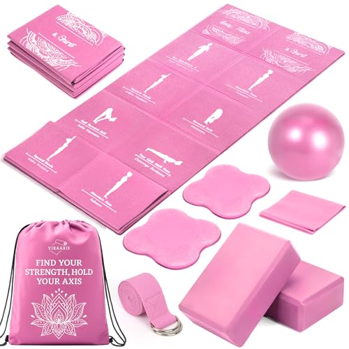 Foldable Yoga Mat and Blocks Set for Women with 2 Pack Yoga Blocks and Strap,Thin Non Slip Pilates Mat with Bag, Home Workout Equipment Essentials Starter Kit for Beginners Full Body Toning - color: Pink