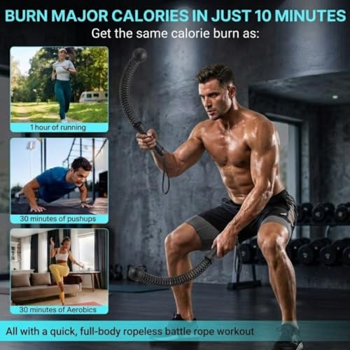 Ropeless Battle Ropes - Heavy Duty Cordless Weighted Exercise Ropes for Working Out - Home Gym Battle Rope with Training Poster
