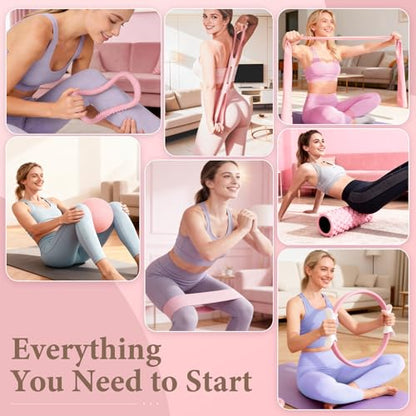 Pink Pilates Ring Kit with 14 inch Magic Circle & Foam Roller, Ergonomic Home Workout Equipment Set, Full Essentials for Women Beginners - Includes Exercise Guide & Storage Bag