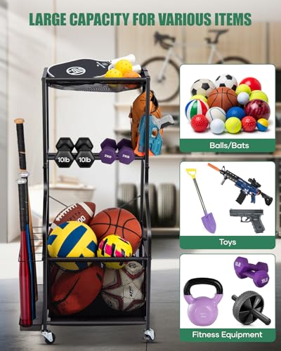 EXTCCT Garage Sports Equipment Organizer, Rolling Ball Storage Cart - color: Black - Small