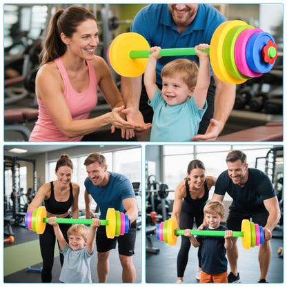3-in-1 Kids Fitness Set with Adjustable Barbell, Kettlebell & Reusable Water Bottle – Kids Gym Equipment for Pretend Play Exercise, Fun Fitness Toys for Boys & Girls Home Workout