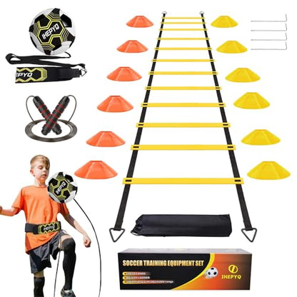 Soccer Agility Training Equipment Set, 12 Rung 20Ft Agility Ladder, 12 Disc Cones, 4 Steel Stakes, Solo Soccer Trainer, Jump Rope - Speed Training Equipment for Soccer Football Basketball - color: Yellow