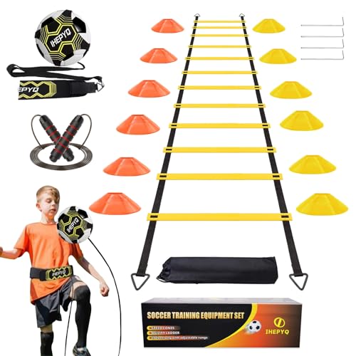 Soccer Agility Training Equipment Set, 12 Rung 20Ft Agility Ladder, 12 Disc Cones, 4 Steel Stakes, Solo Soccer Trainer, Jump Rope - Speed Training Equipment for Soccer Football Basketball - color: Yellow