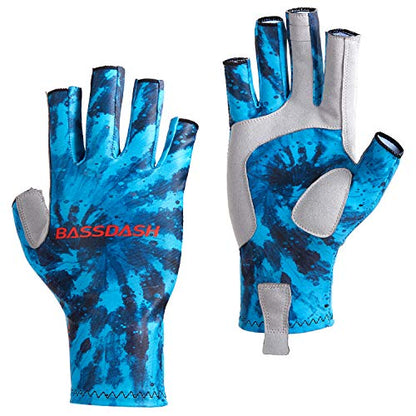 BASSDASH ALTIMATE UPF 50+ Sun Protection Fingerless Fishing Gloves Men - color: Blue Camo, size: X-Large