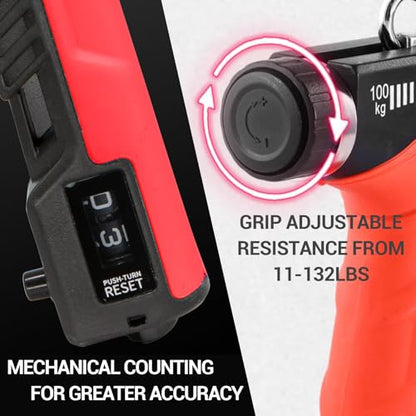 Hand Grip Strengthener - Adjustable Resistance 11-220Lbs Forearm Strength Trainer with Counting, Silicone Grip Ring & Hand Exercise for Quickly Increasing Wrist Forearm and Finger Strength Combo Set - color: Red Combo Set