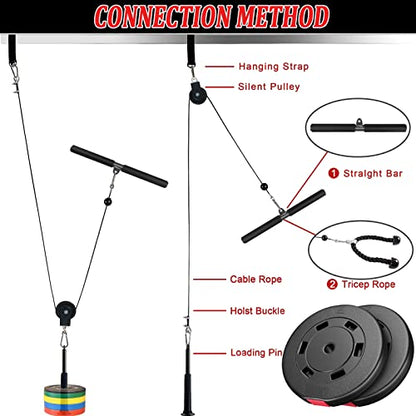 LAT Pulley System for Home Gym – Strength Training Fitness Equipment Cable Machine for Triceps, Biceps, Back & Shoulder Workouts - color: Cable + Adapter
