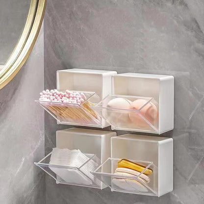 Wall Mount Storage Box Cotton Pads Holder Dispenser Clear Acrylic Organizer Box No Drill Adhesive for Bathroom Kitchen for Powder Puff Lipstick Hair String Rubber Band