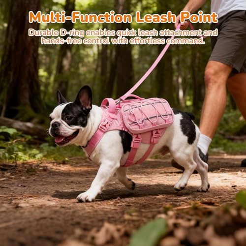 Medium Dog Harness Backpack, No Pull Adjustable Dog Vest with Handle & Leash Ring, Lightweight Dog Backpack with Side Pockets for Walking, Training & Day Hikes, Pink, M