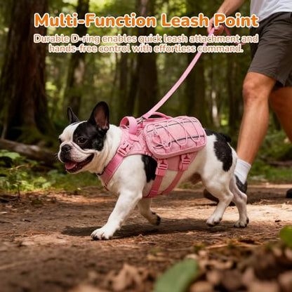 Medium Dog Harness Backpack, No Pull Adjustable Dog Vest with Handle & Leash Ring, Lightweight Dog Backpack with Side Pockets for Walking, Training & Day Hikes, Pink, M