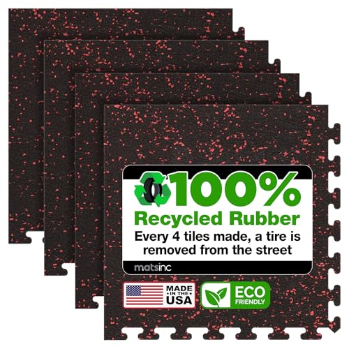 Matter Flex 100% Rubber Floor Mats - Recycled Rubber Gym Flooring for Home Gym, Interlocking Exercise Tiles, Made in The USA, Gym Tiles, Corner (4 tiles/16 Sq. Ft.), Black with Red Speck