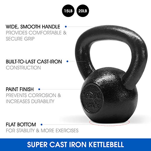 Yes4All Kettlebell Sets, 5 - 10 - 15 - 20 - 25 - 30 LB Cast Iron Strength Training Kettlebells, Wide Handles & Flat Bottom, Multi-Level from Beginners to Pros for Strength Training & Home Gym - color: B. 15 - 20 lbs