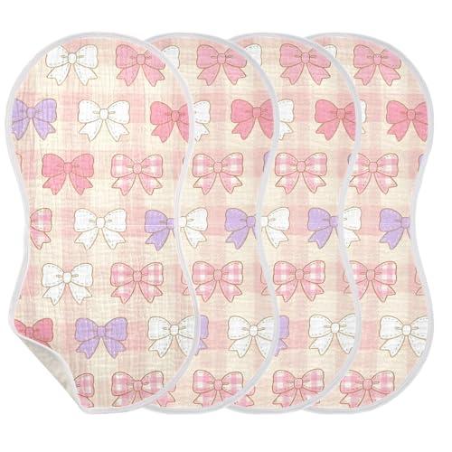 Pastel Bows Pattern Muslin Burp Cloths 4 Pack - Extra Large 22"x11", 4-Layer Soft Absorbent Cotton, Waterproof Backing, Baby Drool Rags for Newborn