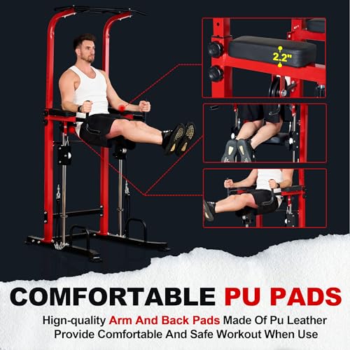 soges Power Tower Dip Station with Assisted Pad, Height Adjustable Pull Up Bar Station for Home Gym, Multi-Function Strength Training Full Body Workout Equipment, 330 Lbs, Red