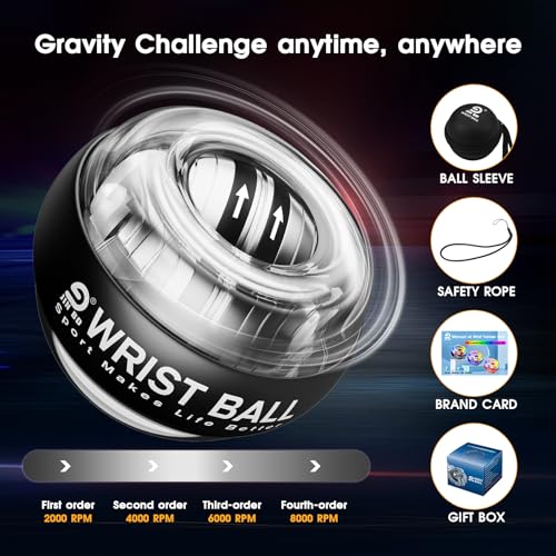 JIN BD Auto-Start Wrist Ball, Gyroscopic Desk Toy & Wrist Trainer（Black LED Light Model）
