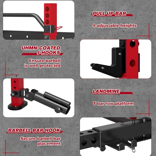 MU 2" x 2" Folding Squat Rack, 1100LBS Wall Mounted Power Rack with Adjustable Pull Up Bar, J Hooks, Landmine, Foldable Squat Rack for Home Gym, Garage, Training Studios (Black and Red)
