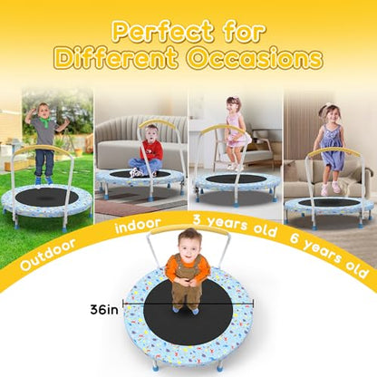 36" Mini Toddler Trampoline with Handles, Indoor Quiet Kids Trampoline with Super Safety Mat and Durable Steel Frame, Indoor/Outdoor - color: Light Blue Print
