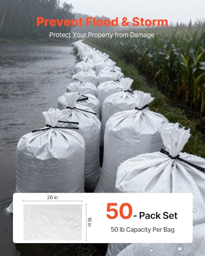 VEVOR Heavy Duty Sand Bags, 50Pack 14" x 26", Empty Sandbags for Flooding with Tie Strings, Woven Polypropylene Sand Bag with 1600 Hours of UV Protection, 50Lbs Capacity - size: 50 PACK