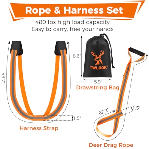 Deer Drag Harness & Rope – Heavy Duty 480lbs Capacity, Reflective Orange Hunting Gear with Comfortable Shoulder Strap, Soft Handle – Essential for Dragging Deer, Elk, Boar – Gift for Hunters