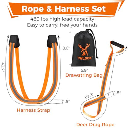 Deer Drag Harness & Rope – Heavy Duty 480lbs Capacity, Reflective Orange Hunting Gear with Comfortable Shoulder Strap, Soft Handle – Essential for Dragging Deer, Elk, Boar – Gift for Hunters