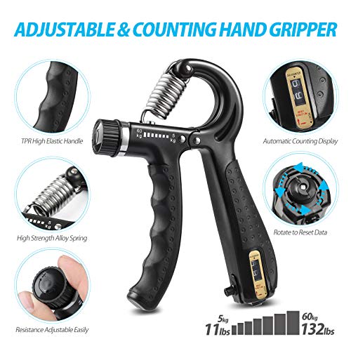 NIYIKOW Grip Strength Trainer Kit With Counter (5 Pack) - Adjustable Hand Strengthener, Counting Strength, Finger Trainer, Exerciser, Ring & Stress Relief Ball With Carry Bag
