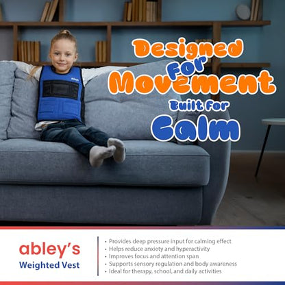 abley's Children's Sensory Weighted Vest for Children with Sensory Issues, Autism, ADHD | Adjustable Therapeutic Support | Compression Vest | Includes 6 Removable Weights | Blue, Small