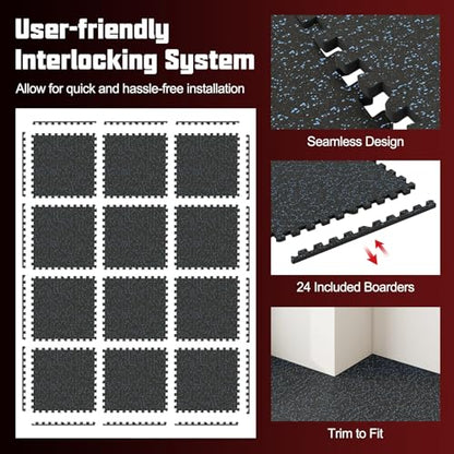 Tangkula 0.79" Thick Rubber Top Exercise Equipment Mats 96 Sq Ft, 24 Tiles Foam Interlocking Floor Tiles with Boarders, Non-Slip & Shock Absorbing Protective Workout Mat for Home Gym (Black+Blue)