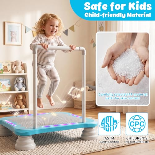 3-in-1 Mini Trampoline for Kids with Music & Lights, Indoor Outdoor Bounce Board, Removable Safety Handle, Sensory Balance Trainer, Non-Slip Base, Ages 3-12, Max 220 lbs