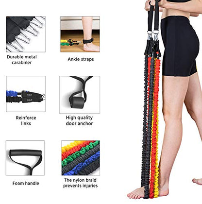 Resistance Band Kit with Heavy Duty Protective Sleeves for Safe Workout and Soft Anti-Slip Foam Handle, Door Anchor, Ankle Strap for Men and Women Stackable