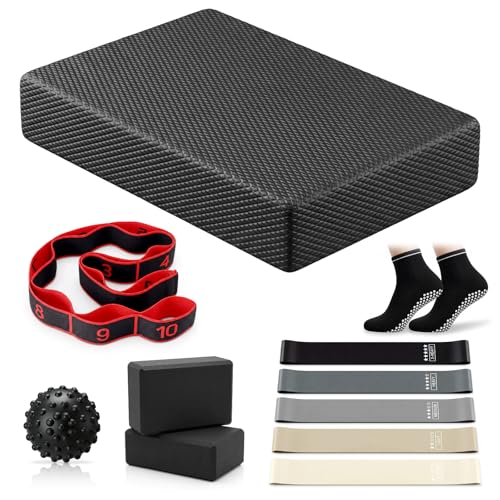 11 Pcs Exercise Balance Pad and Yoga Kits for Home Workouts with Resistance Bands, Yoga Blocks, Stretch Strap, Massage Ball, Pilates Socks Fitness and Stability Training Physical Therapy