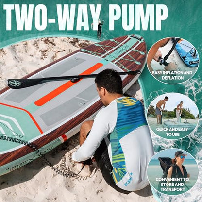 11'6"x35" Inflatable Paddle Board, 450lbs Extra Wide Stand Up Paddleboard for Adults with Premium SUP Accessories Kit & Backpack, Blow Up Kayak Non-Slip Stable Deck Boat for Yoga Fishing Surf - style: Wooden