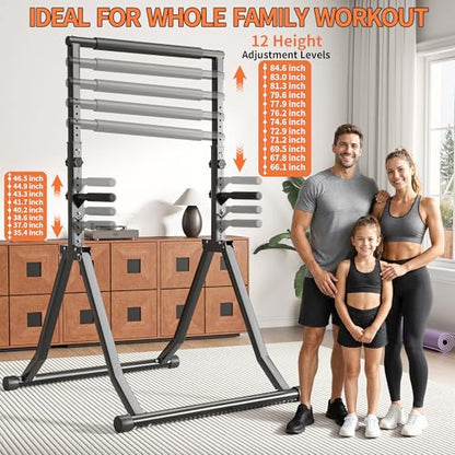 Foldable Power Tower Dip Station for Pull Ups, 66.1"-84.6" 12 Level 700 LBS, Adjustable Dip Handles & Assistance Bands Foldable Home Gym Equipment - color: 66"-85" with Dual Dip Handles & Assistance Bands
