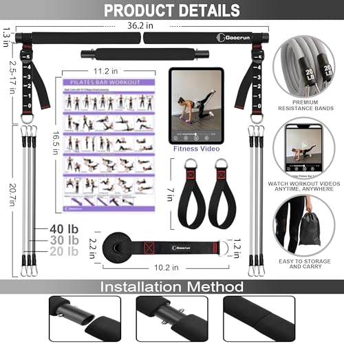 Portable Pilates Bar Kit with Resistance Bands for Men and Women - 3 Set Exercise Resistance Bands - Multifunctional Home Gym - Supports Full-Body Workouts – with Fitness Poster and Video
