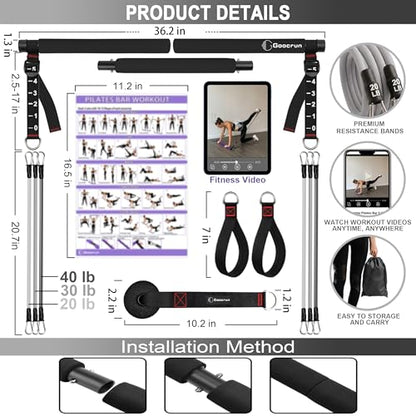 Portable Pilates Bar Kit with Resistance Bands for Men and Women - 3 Set Exercise Resistance Bands - Multifunctional Home Gym - Supports Full-Body Workouts – with Fitness Poster and Video