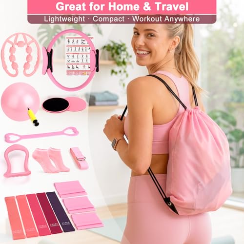 Pilates Set for Women, Pilates Kit for Home Workout Equipment with Pilates Ring, Ball, Resistance Bands, Sliders & Muscle Roller, All-in-One Pilates Starer Kit for Beginners, Full Body Toning