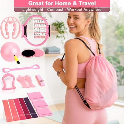 Pilates Set for Women, Pilates Kit for Home Workout Equipment with Pilates Ring, Ball, Resistance Bands, Sliders & Muscle Roller, All-in-One Pilates Starer Kit for Beginners, Full Body Toning