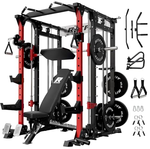 RitFit Buffalo Smith Machine, Power cage with LAT-Pull Down System & Cable Crossover System, All-in-One Squat Rack for Home Gym, Power Rack - color: RED, size: Package(With BP260)