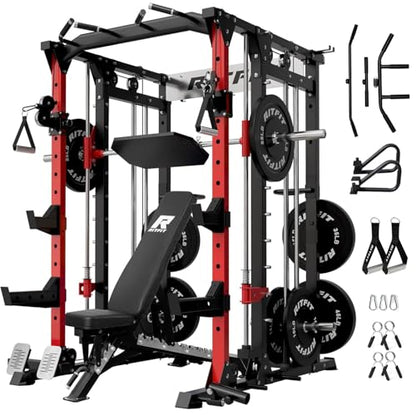 RitFit Buffalo Smith Machine, Power cage with LAT-Pull Down System & Cable Crossover System, All-in-One Squat Rack for Home Gym, Power Rack - color: RED, size: Package(With BP260)