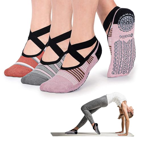 Ozaiic Pilates Socks for Women Non Slip Grip Yoga Barefoot Indoor Workout - color: 3 Pairs -Orange/Pink/Gray