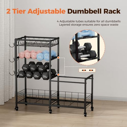 HavenlyYouth Dumbbell Rack, Home Gym Weight Rack Storage, Adjustable Dumbbell Stand Organizer with Wheels, Holds Dumbbells, Kettlebells, Yoga Mats