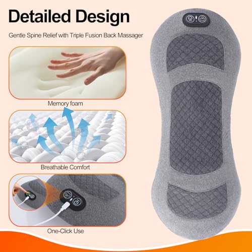 Portable 3-in-1 Electric Lumbar Support Pillow with Heat, Vibration & Traction – Back Massager for Pain Relief & Deep Tissue, Smooth Spine Triple Fusion Back Massager for Bed, Chair, Rechargeable