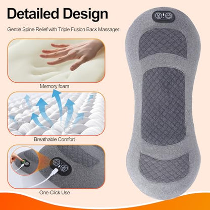 Portable 3-in-1 Electric Lumbar Support Pillow with Heat, Vibration & Traction – Back Massager for Pain Relief & Deep Tissue, Smooth Spine Triple Fusion Back Massager for Bed, Chair, Rechargeable