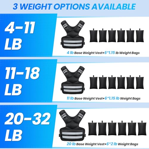 Weighted Vest for Women and Men, 4-11lb/11-18lb/20-32lb Rucking Vest with 6 Ironsand Bags, Storage Pocket and Reflective Stripes for Workout, Running, Strength Training - size: 11-18 lbs