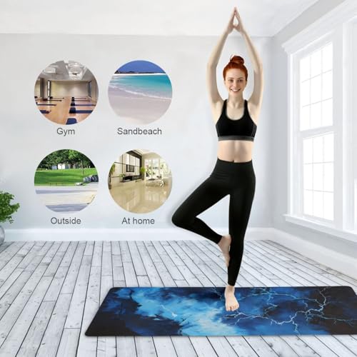 Kigai Travel Yoga Mat 71" x 24" Non Slip Natural Rubber Foldable Exercise Mat Ultra Thin 1.5mm Lightweight for Fitness, Pilates & Home Workout, Blue Lightning