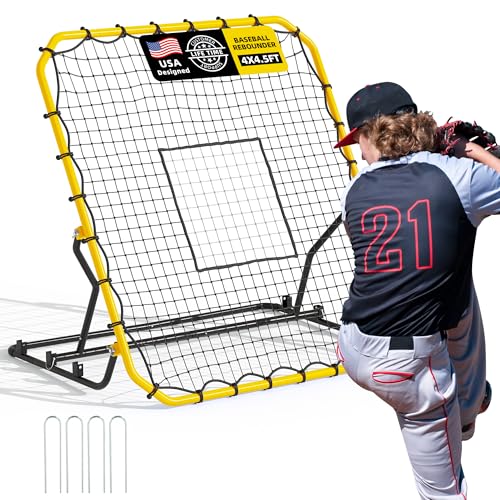 Baseball Rebounder Net, 4x4.5FT Volleyball Pitchback with 3 Adjustable Angles, Baseball & Softball Bounce Back Net for Ground, Line Drive, Fly Ball Return Settings Fielding Trainer